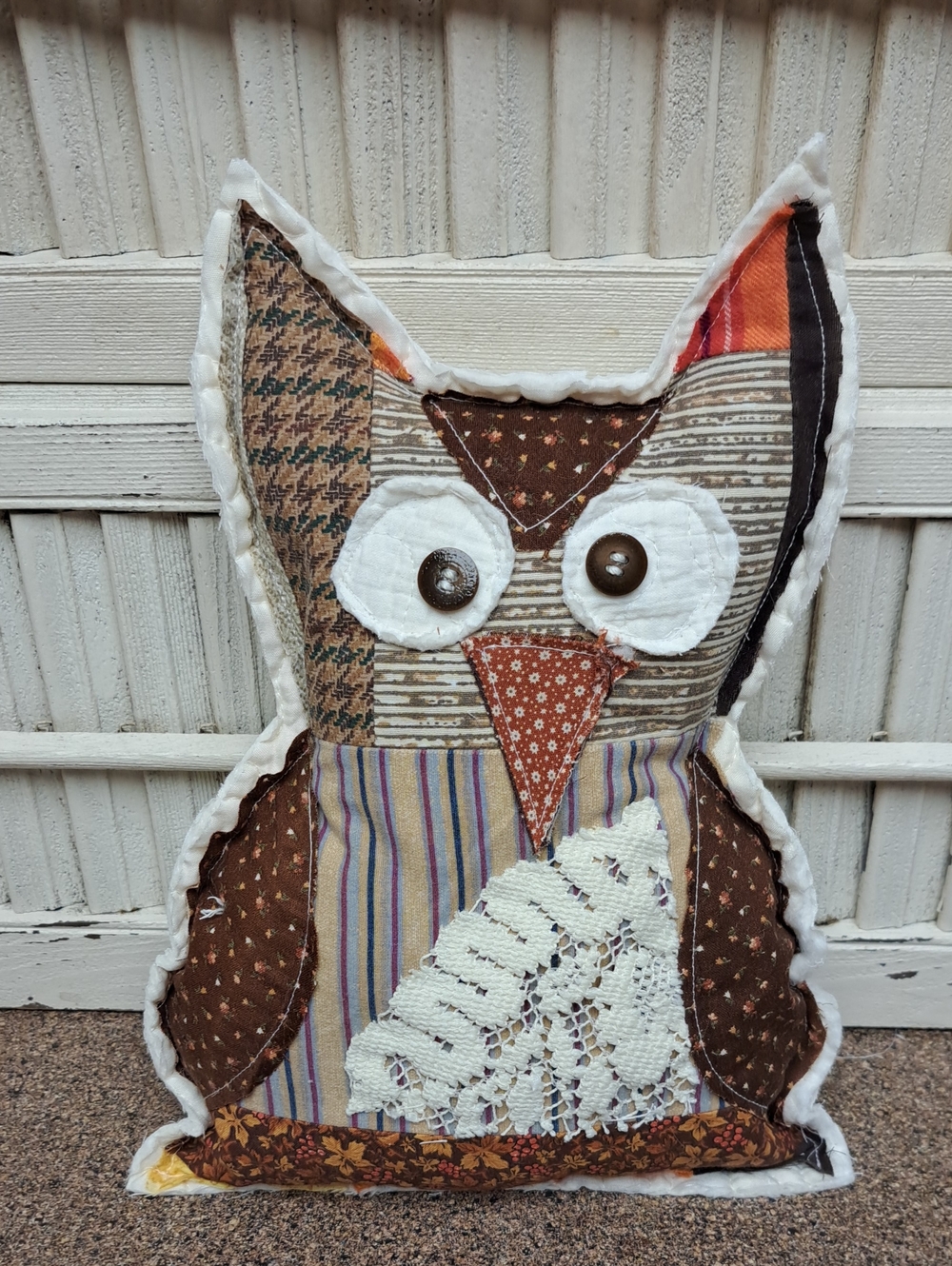 Handmade Patchwork Owl Pillow in Brown, Cream, Orange